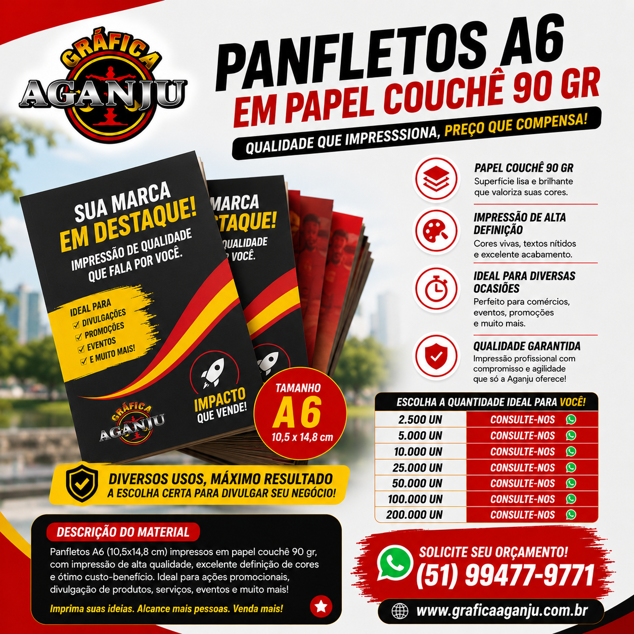 Panfleto A6 (Tamanho 10,5 x 14,8) Papel Couchê 90 gr Brilho 4x4 cores