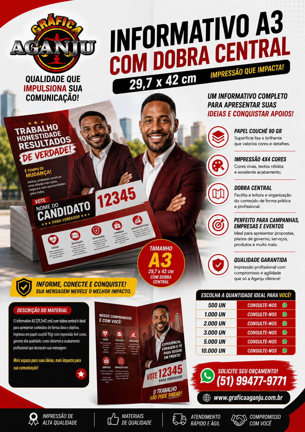 Informativo A3 com dobra central (Tamanho 29,7 x 42) Papel Couchê 90 gr Brilho 4x4 cores