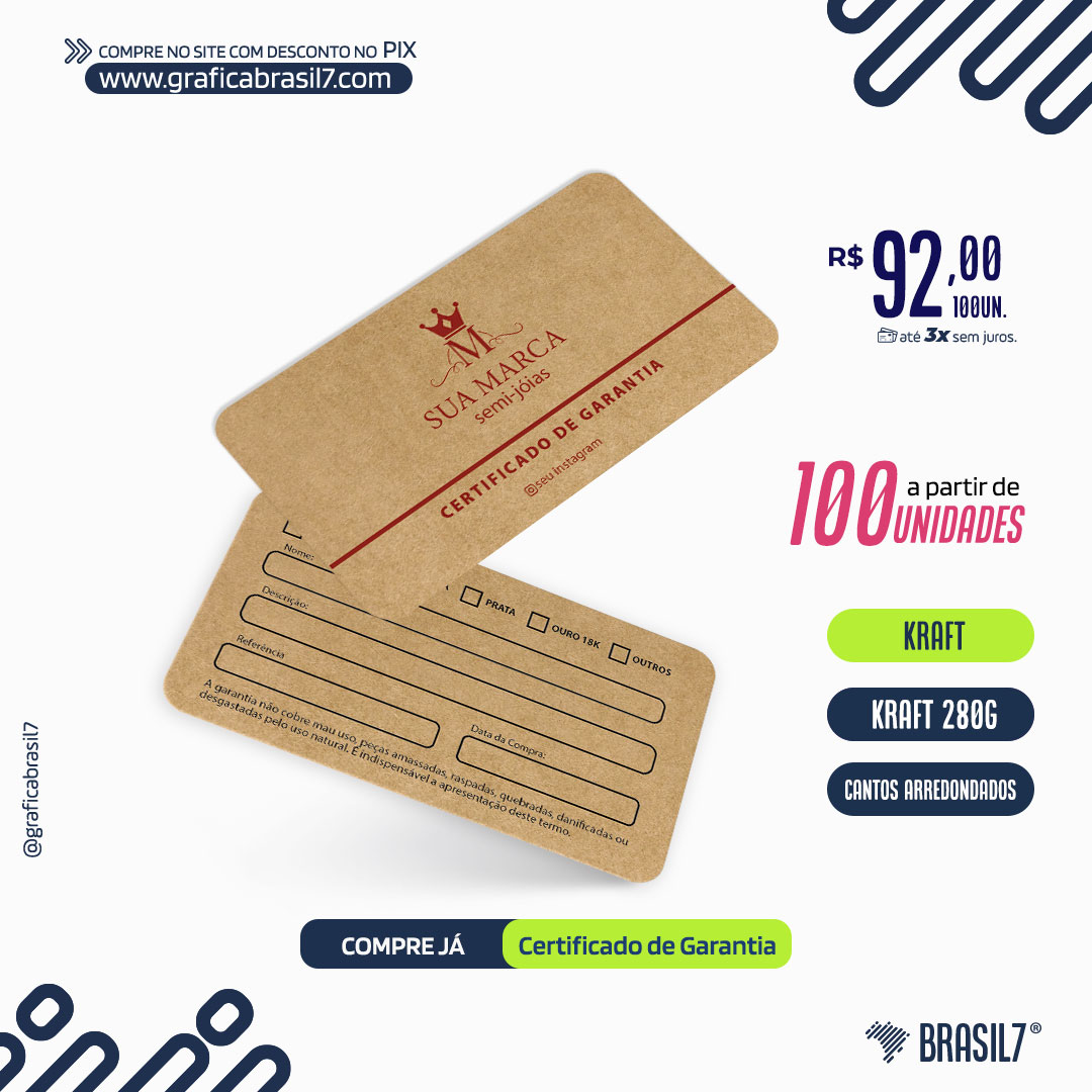CERTIFICADO DE GARANTIA 9x5cm Kraft