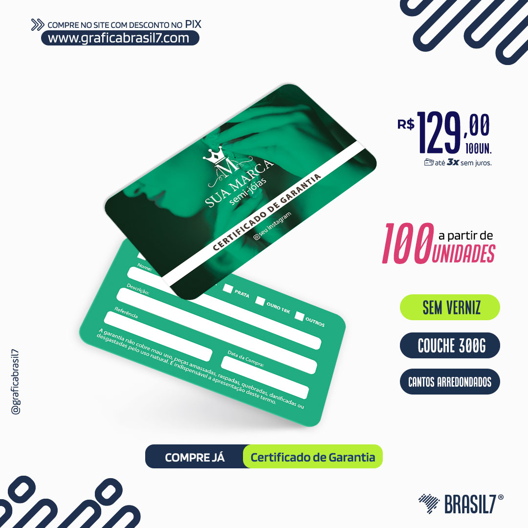 CERTIFICADO DE GARANTIA 9X5cm Sem Verniz