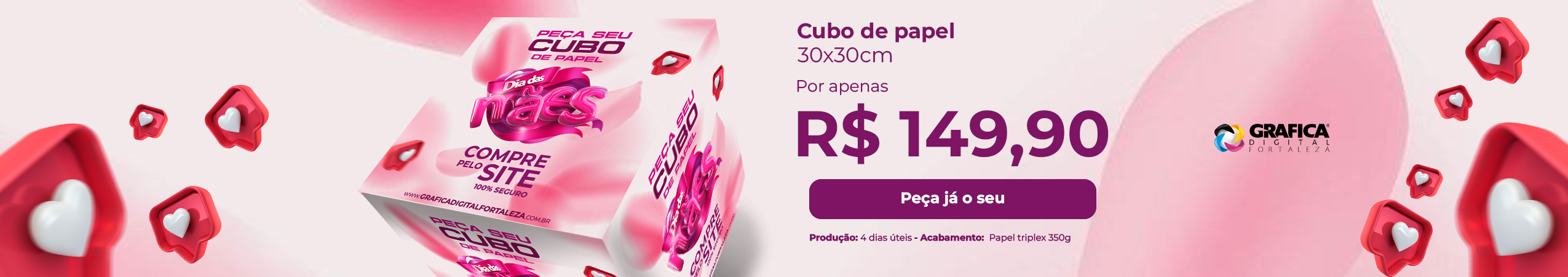 banner cubo de papel 30x30cm dia das maes