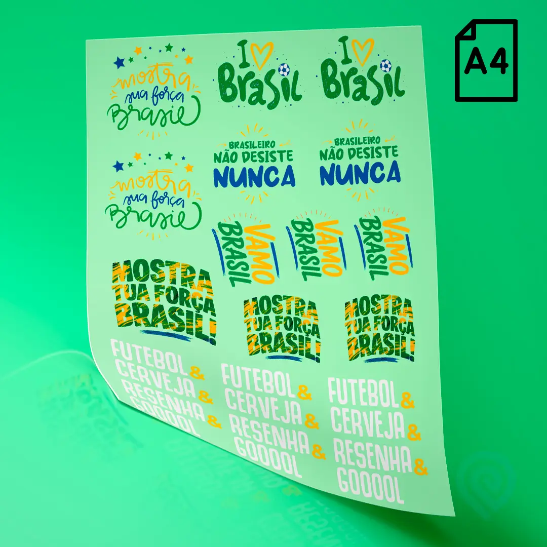 Cartela A4 DTF UV – Frases 02 Brasil Copa do Mundo 2026
