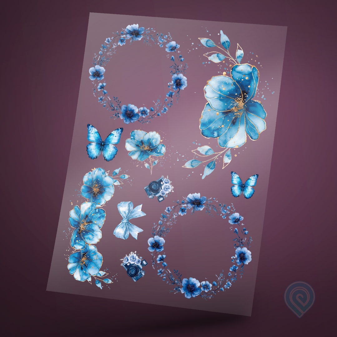 Cartela A4 DTF UV/TÊXTIL – Flores Azuis 02