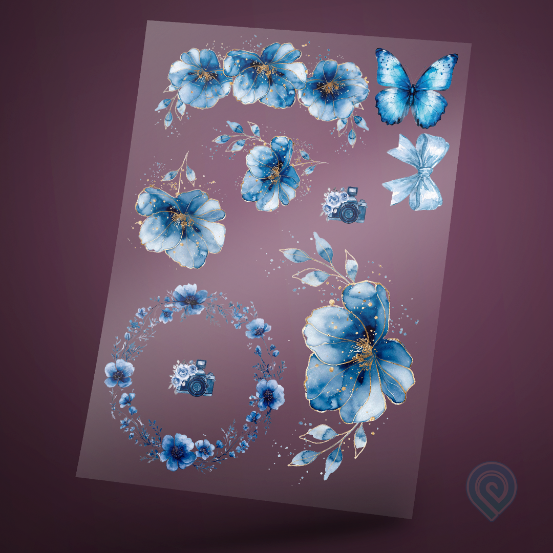Cartela A4 DTF UV/TÊXTIL – Flores Azuis 01