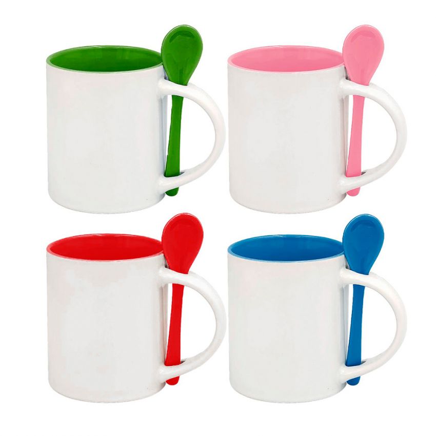 CANECA CERÂMICA 325ML COM COLHER - BRANCA COM INTERNO E ALÇA COLORIDA