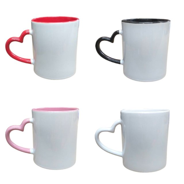 CANECA CERÂMICA COM ALÇA CORAÇÃO 325ML - BRANCA COM INTERNO E ALÇA COLORIDA