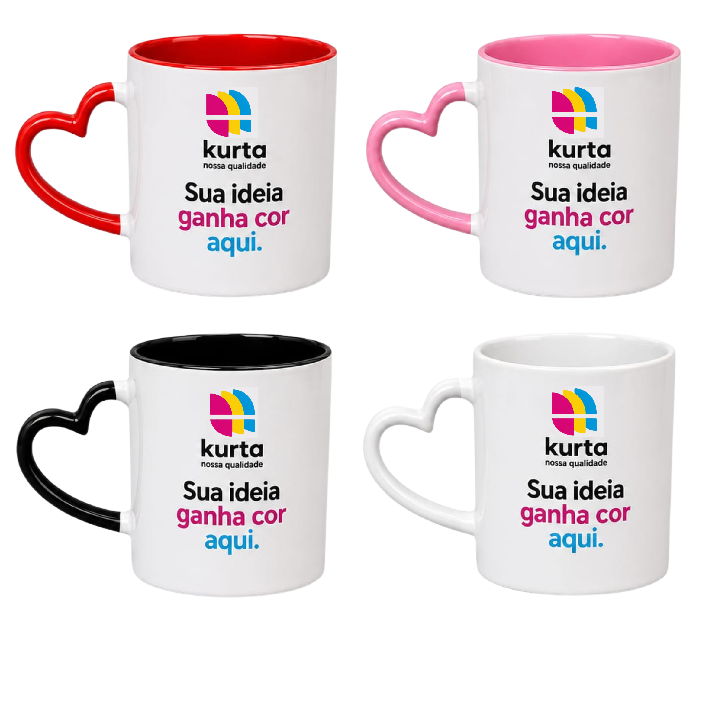 CANECA CERÂMICA COM ALÇA CORAÇÃO 325ML - BRANCA COM INTERNO E ALÇA COLORIDA
