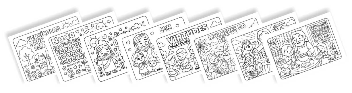 Confira alguns desenhos disponíveis entre os 5 temas da coleção Colorindo com Jesus