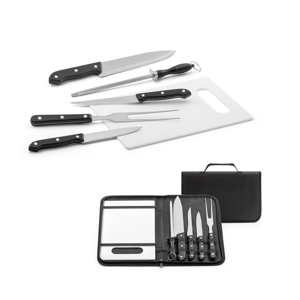 94144 - Kit churrasco em estojo de nylon 210D com tábua em PP e 5 utensílios em aço inox e PP