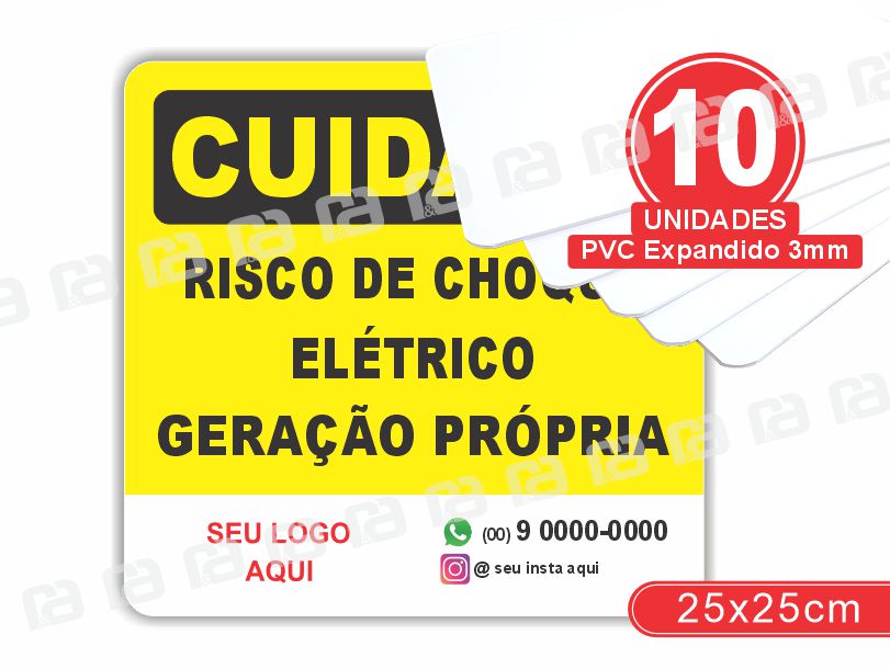 Placa Cuidado Risco De Choque Elétrico Geração Própria 25x25 Pvc 3mm