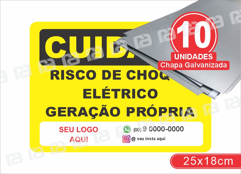 Placa Cuidado Risco De Choque Elétrico Geração Própria 25x18cm Chapa Galvanizada