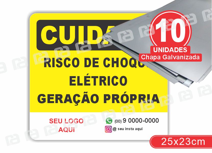 Placa Cuidado Risco De Choque Elétrico Geração Própria 25x23 Chapa Galvanizada