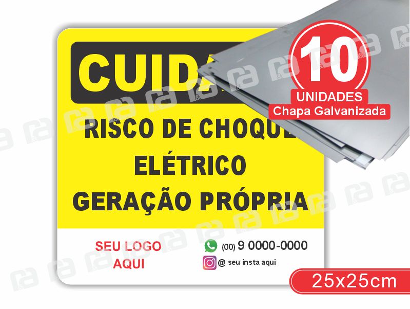 Placa Cuidado Risco De Choque Elétrico Geração Própria 25x25cm Chapa Galvanizada