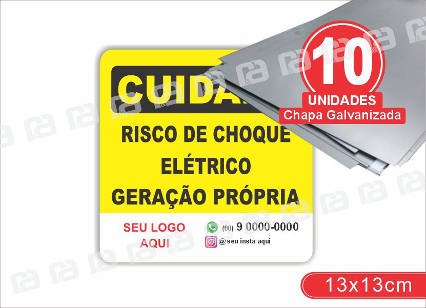 Placa Cuidado Risco De Choque Elétrico Geração Própria 13x13 Chapa Galvanizada