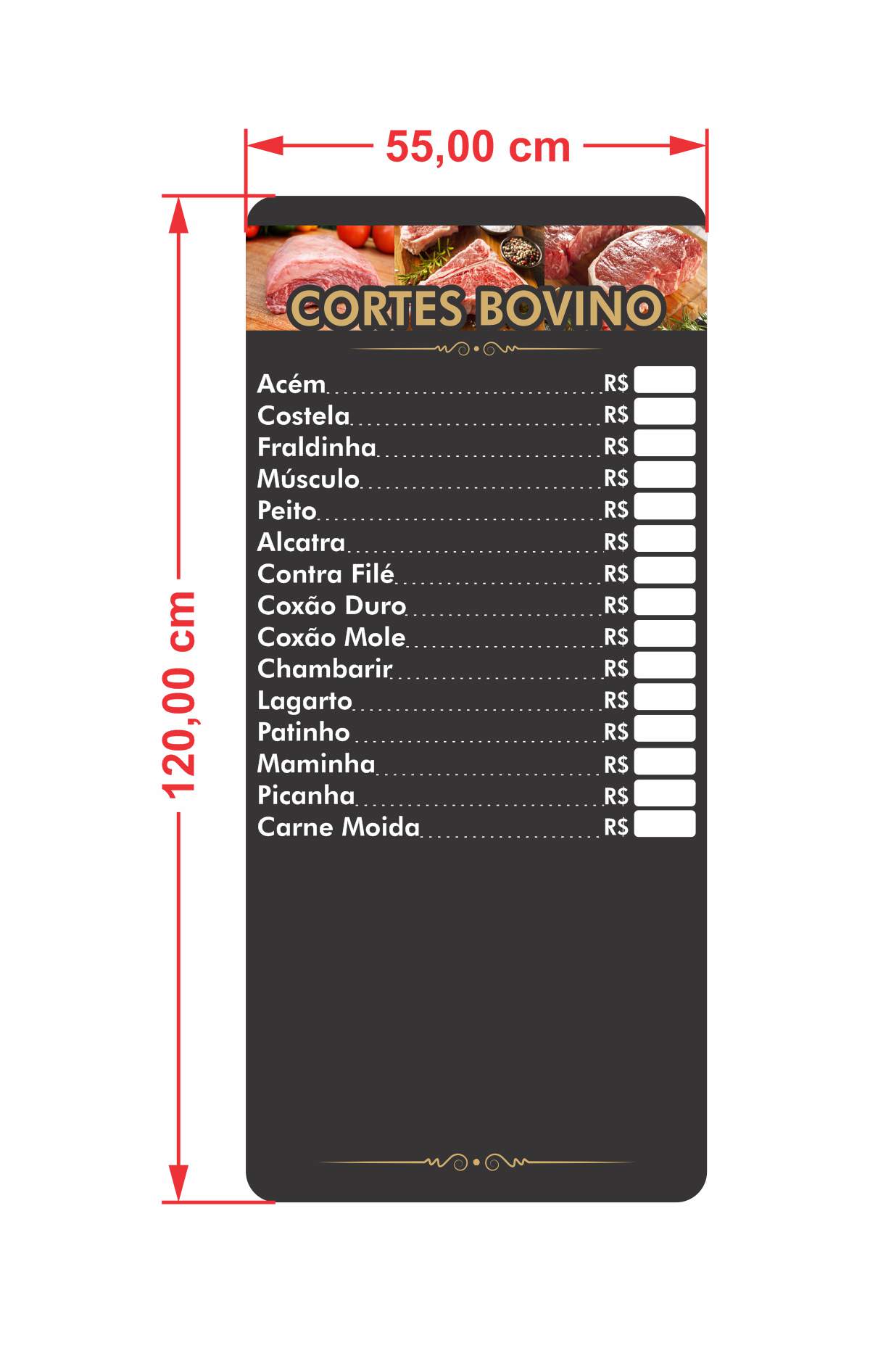 Placa Tabela Preço Para Açougue 55x120cm Editavel Personalizada