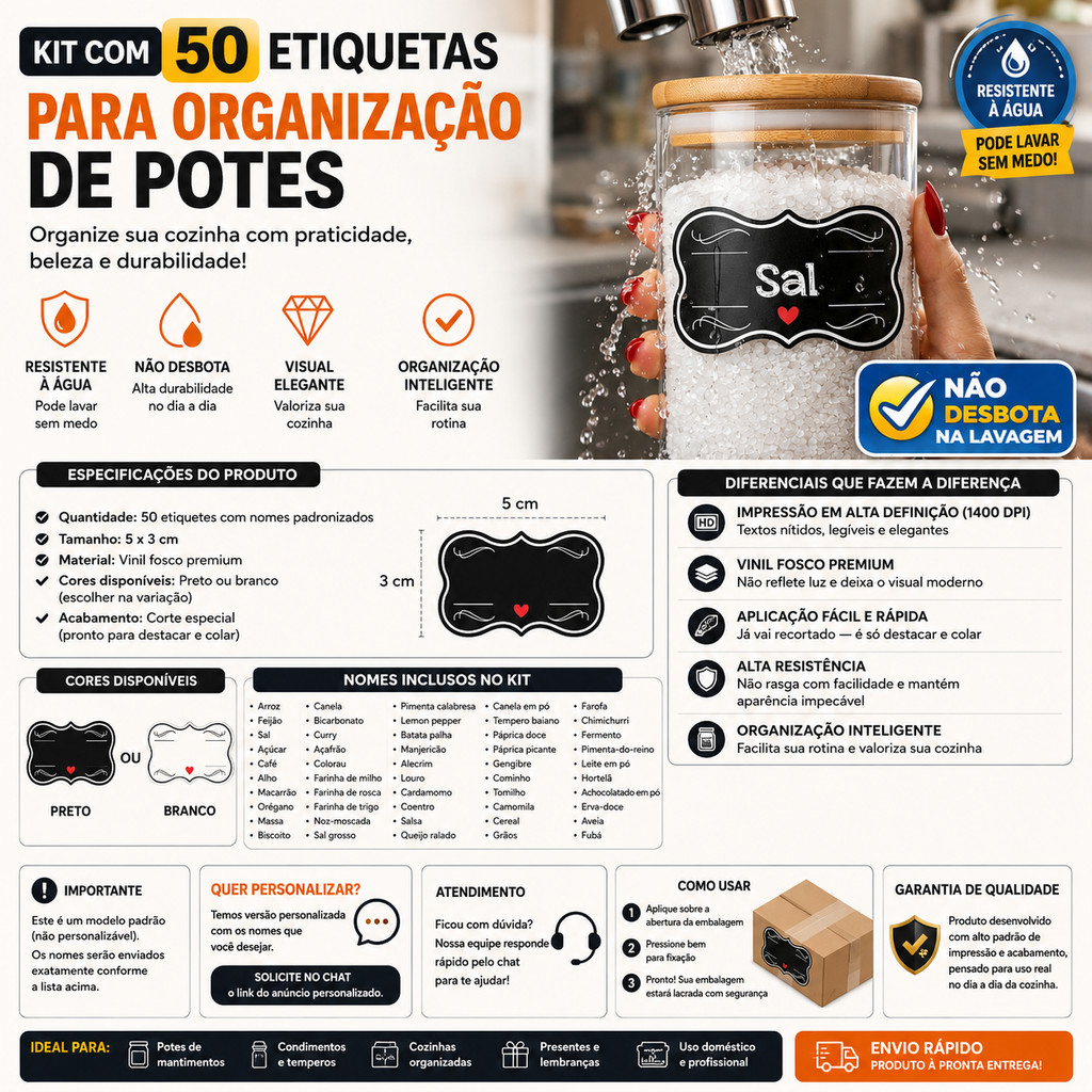 50 Etiquetas para Potes Cozinha Vinil Impermeável Não Desbota Lavável Organização Mantimentos
