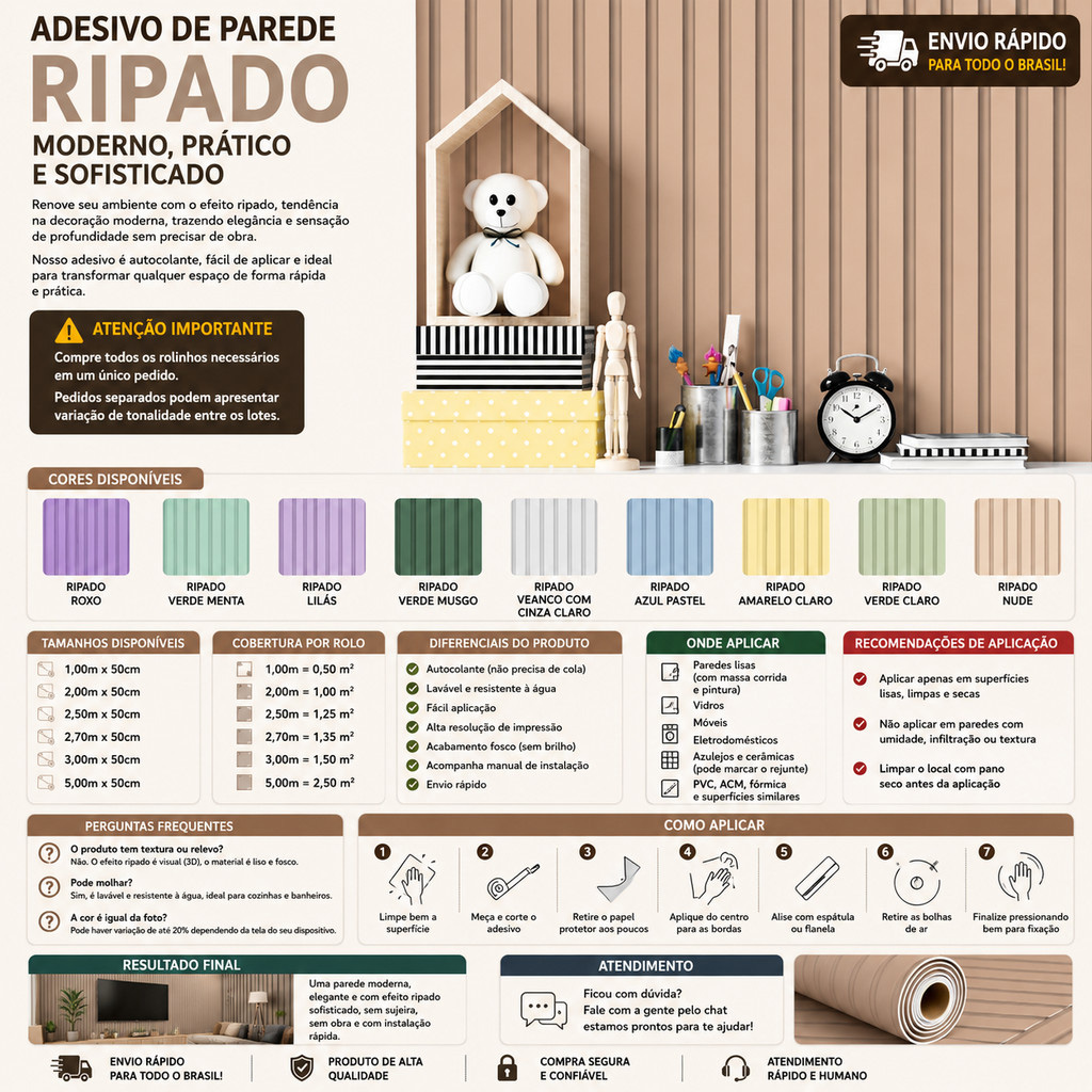 Adesivo de Parede Ripado 3D 50cm Autocolante Lavável Alta Qualidade Decorativo