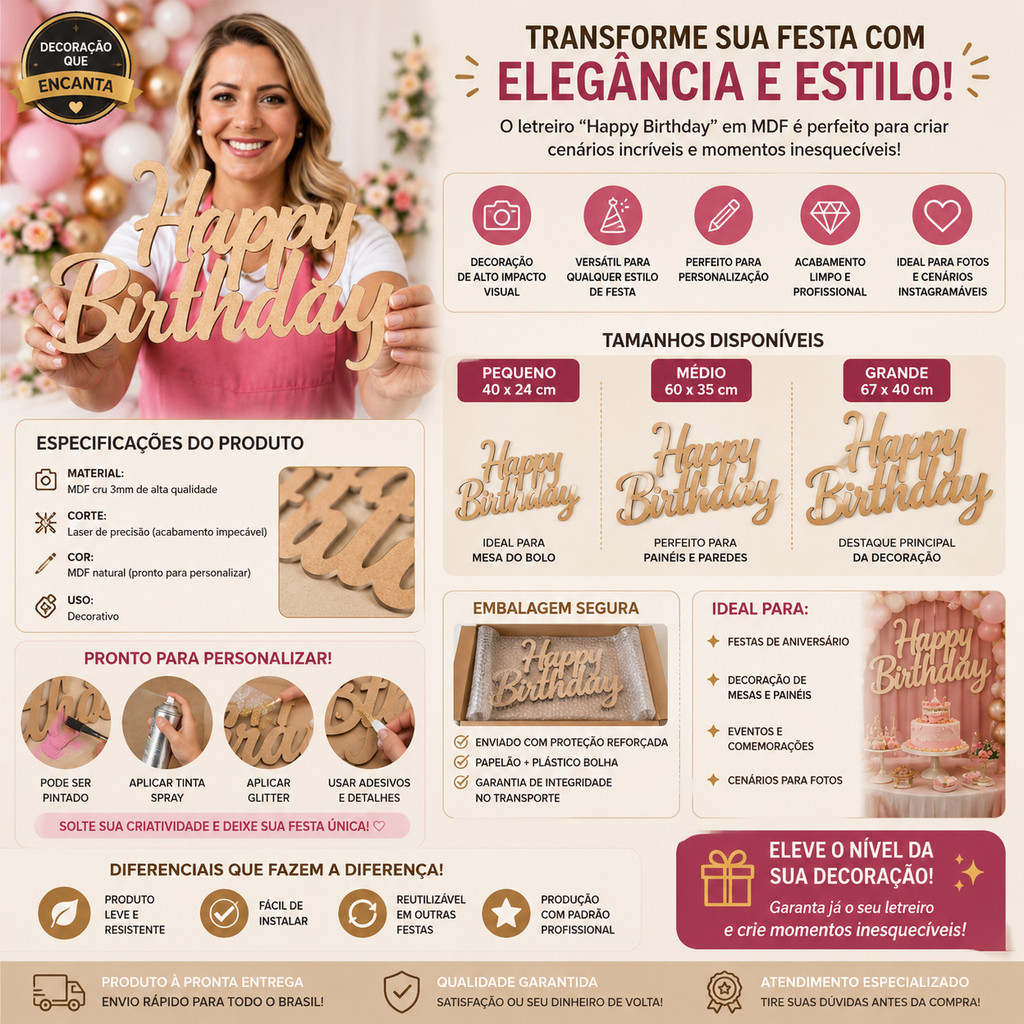 Letreiro Happy Birthday MDF 3mm | Placa Festa Aniversário Decoração Painel 40 a 67cm