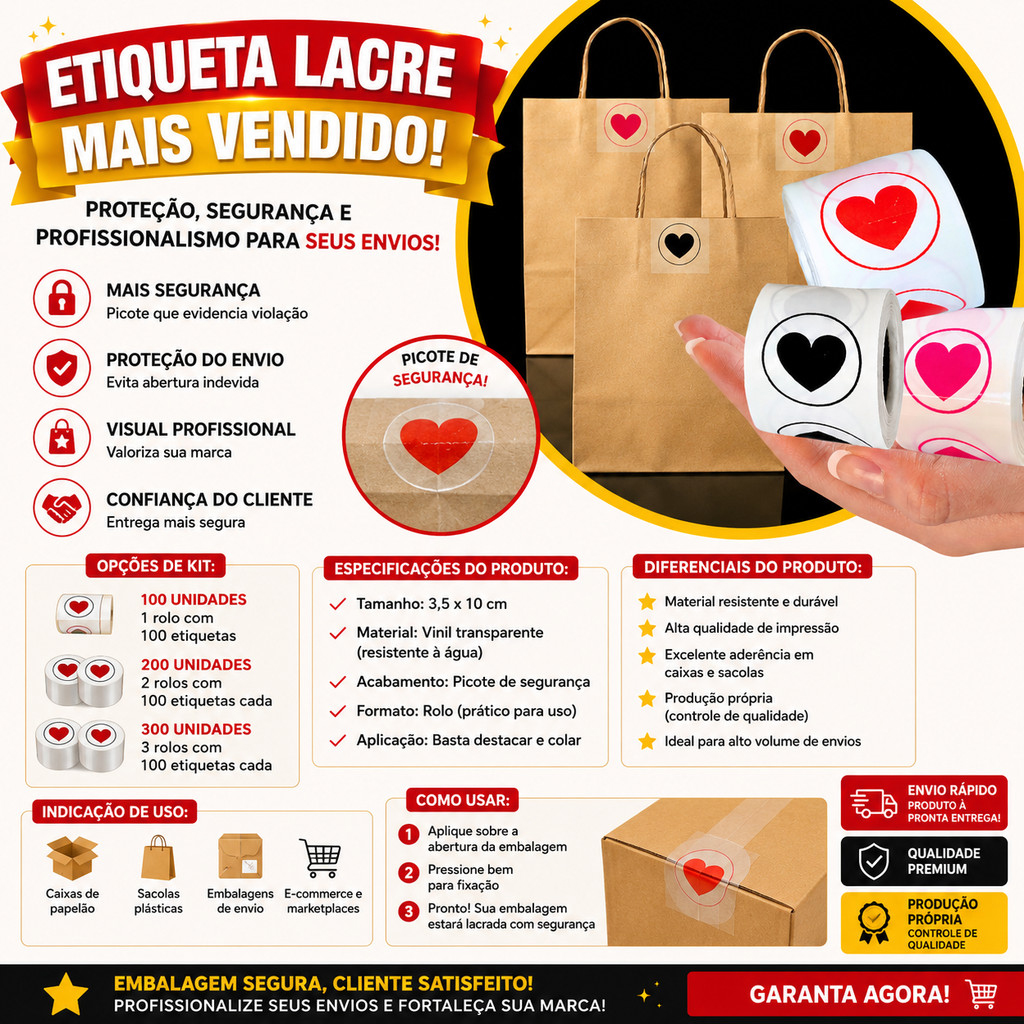 Etiquetas Lacre Adesivo Transparente 3,5x10cm | Segurança c/ Picote | 100 a 300 Unidades