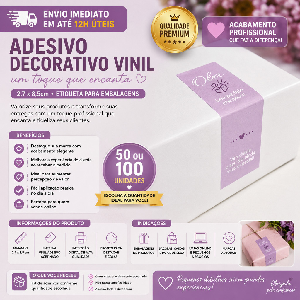 Adesivo Decorativo Vinil 2,7x8,5cm | Etiqueta Elegante para Embalagens | Pronta Entrega