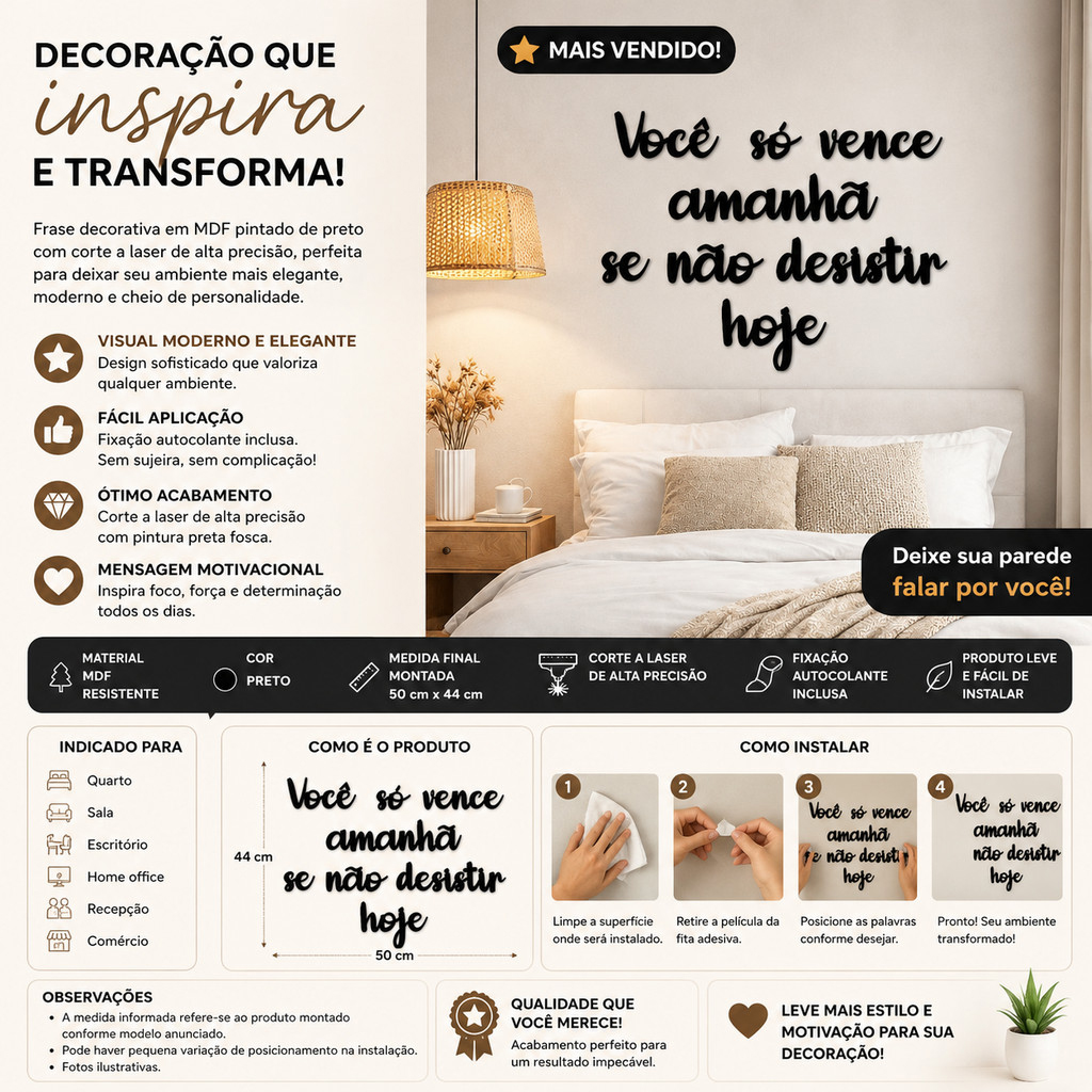 Frase Decorativa MDF Preto Autocolante Corte Laser Quarto Sala Parede Motivacional