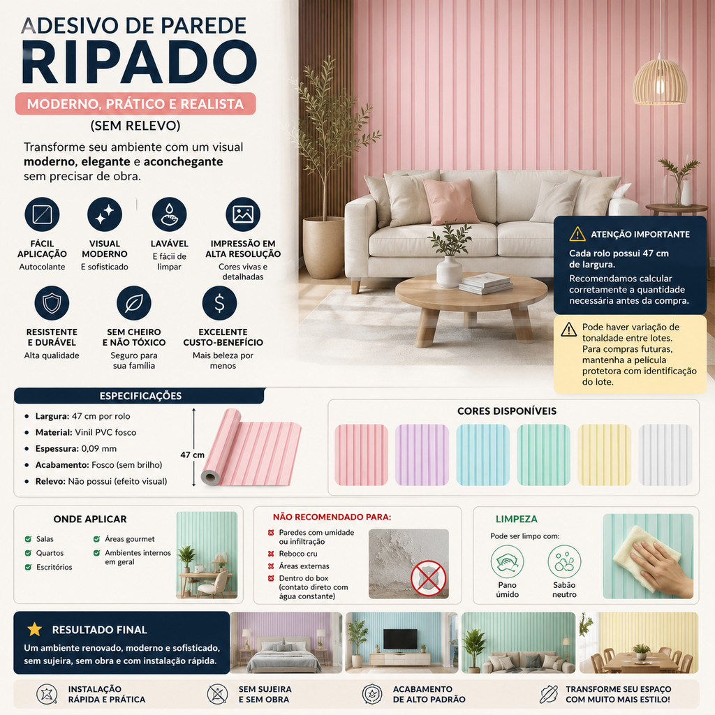 Adesivo Ripado 47cm Autocolante Lavável Alta Cobertura Vinil Fosco Decorativo