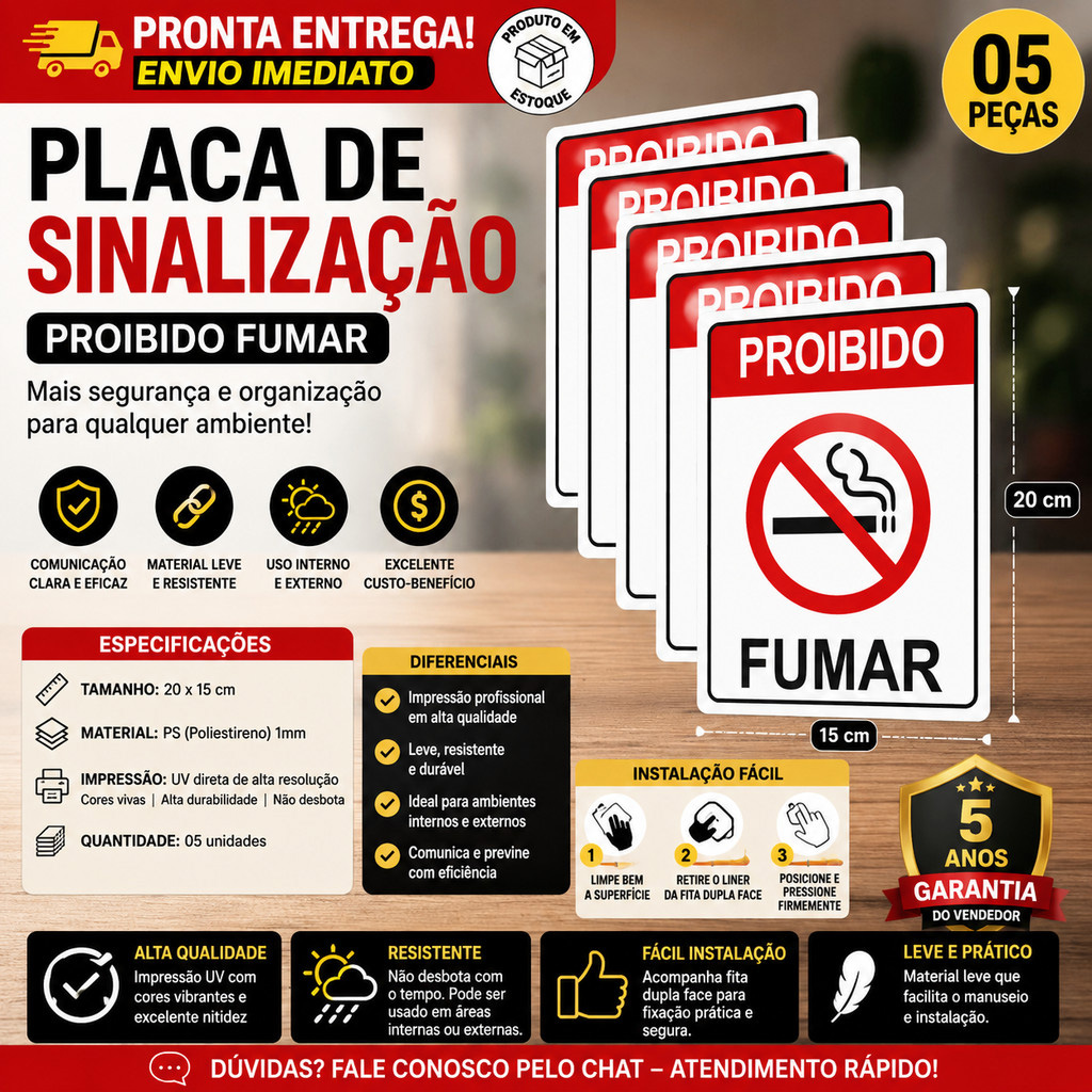 Placa Proibido Fumar 20x15cm 5 peças Impressão UV Sinalização Ambiente Sem Fumo