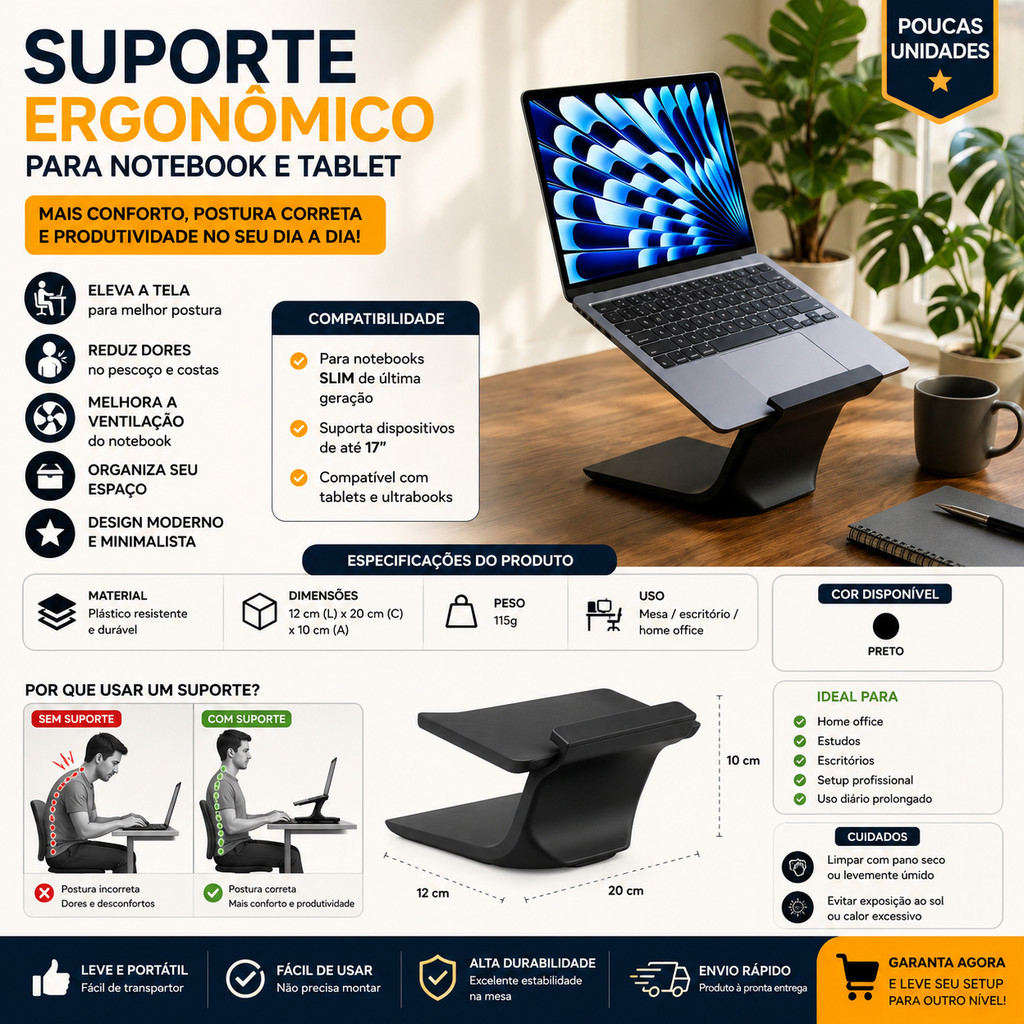 Suporte Notebook até 17” Ergonômico | Base para Notebook e Tablet Slim Antiderrapante Mesa