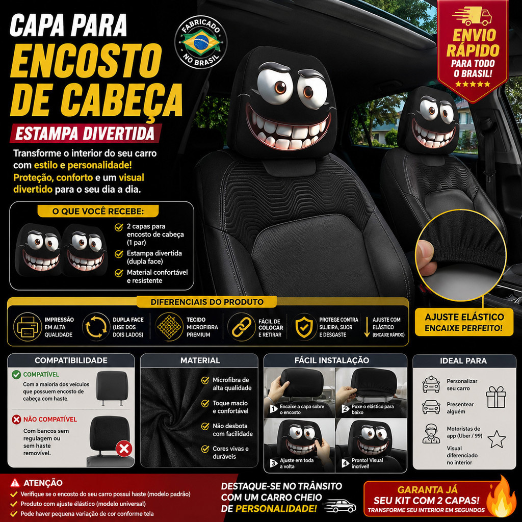 Capa Encosto de Cabeça Carro Divertida 2 Peças Microfibra Elástica Dupla Face Universal