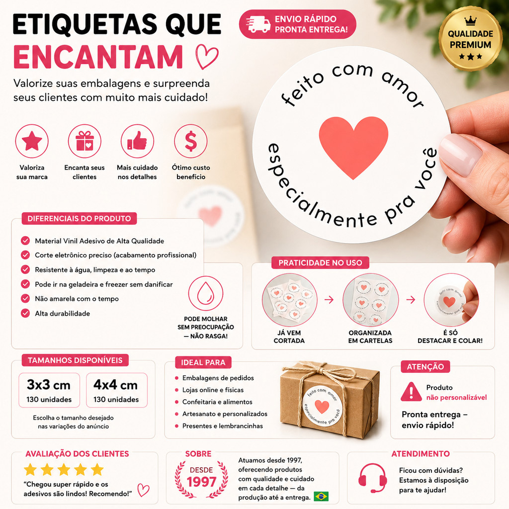 Etiquetas Adesivas Vinil  Feito com Amor Resistente Água Freezer Selo Embalagem Alta Qualidade