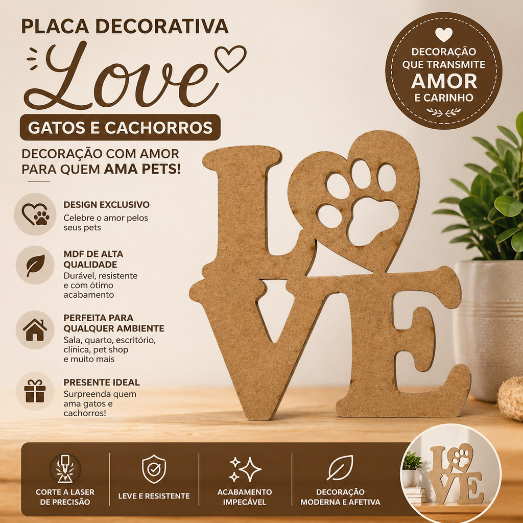 Placa Decorativa Love Gatos e Cachorros MDF Corte Laser Decoração De Parede