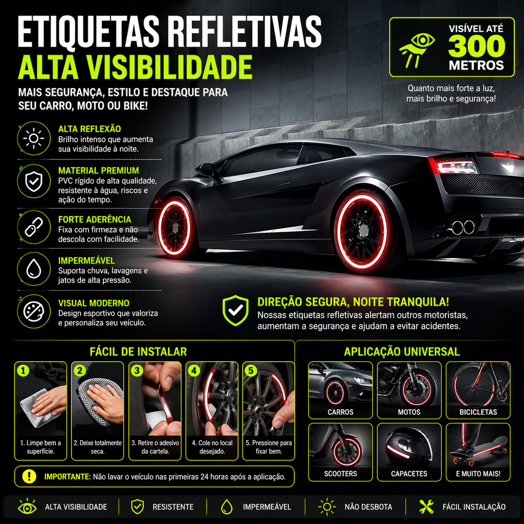 Adesivo Refletivo para Carro Moto Bike Alta Visibilidade 300m 20 peças