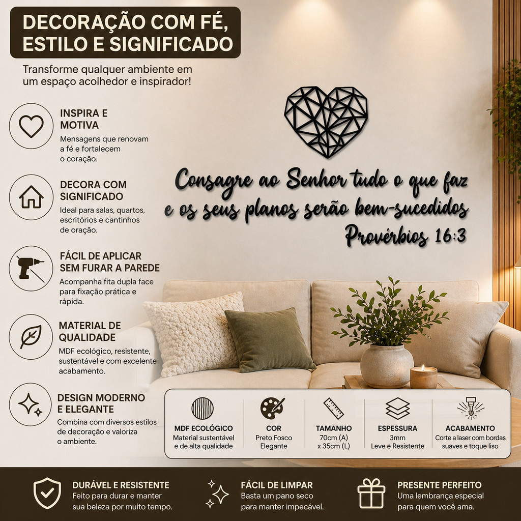 Frase Decorativa MDF Fé Parede Preto Fosco Sala Quarto Escritório Religiosa