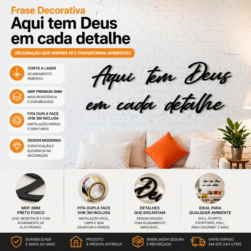 Frase Decorativa Deus em Cada Detalhe MDF Preto Parede Autocolante Sala Quarto