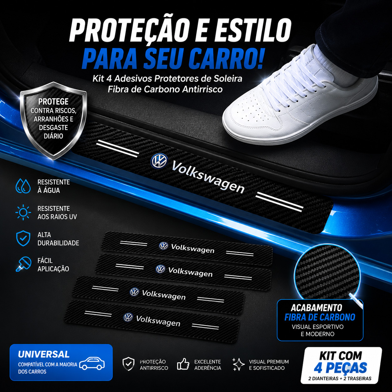 Kit 4 Adesivos Protetores de Soleira para Carro em Fibra de Carbono Antirrisco Universal Proteção Contra Arranhões
