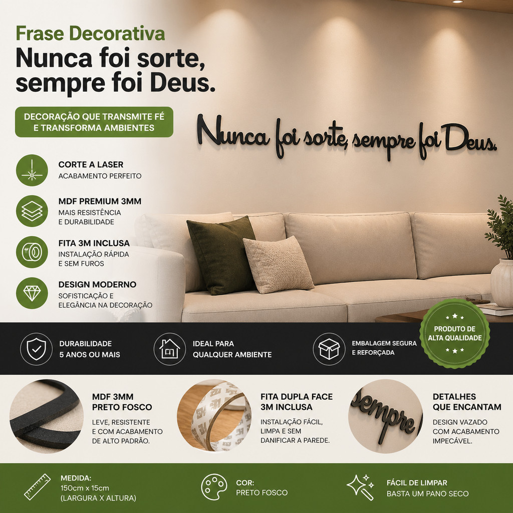 Frase Decorativa Nunca Foi Sorte Sempre Foi Deus MDF Preto Parede Autocolante