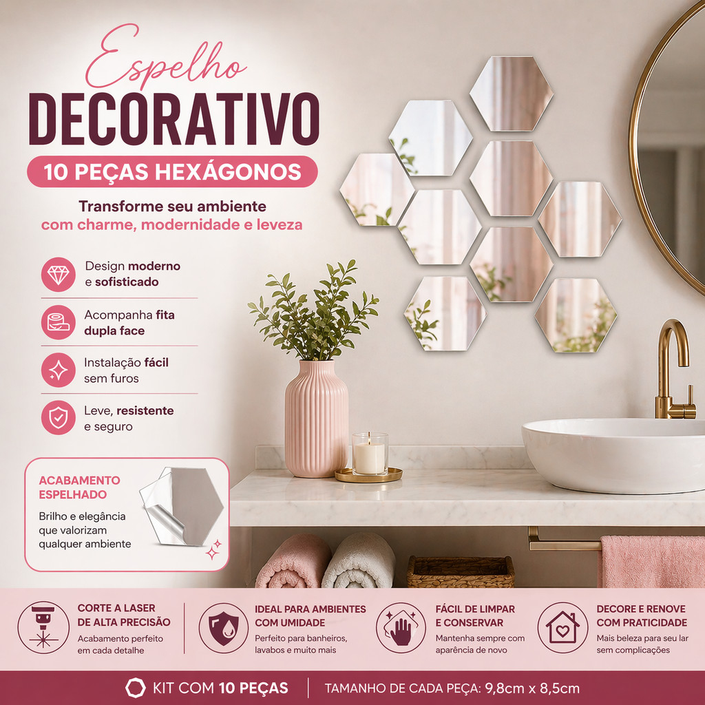 Espelho Decorativo Hexágonos 10 Peças Parede Banheiro Quarto Sala Moderno Sem Furo