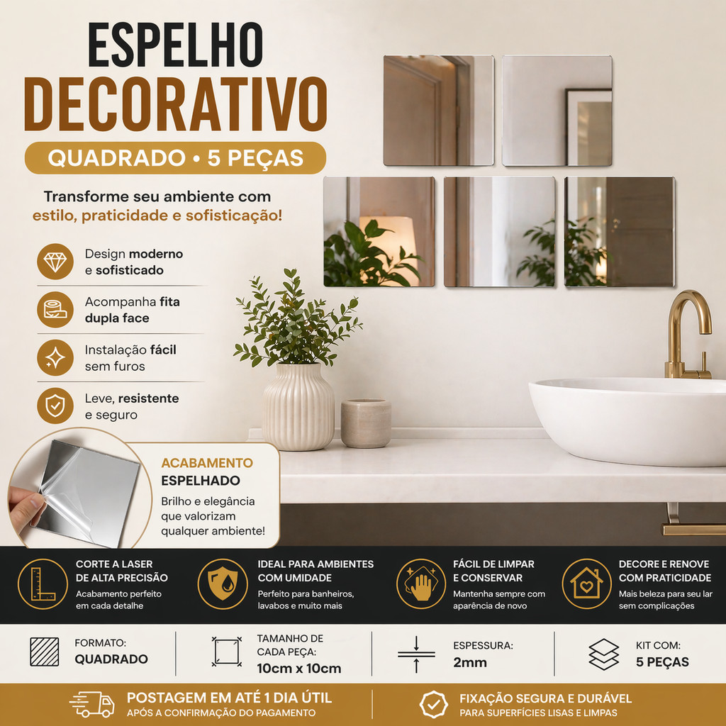 Espelho Decorativo Quadrado 5 Peças 10x10cm Parede Banheiro Quarto Sala Sem Furo