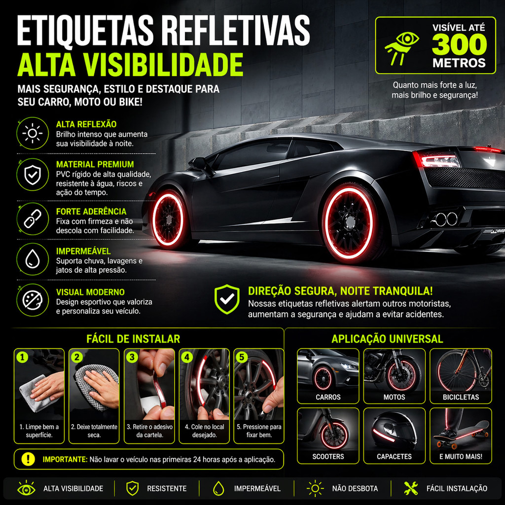 Adesivo Refletivo para Carro Moto Bike Alta Visibilidade 300m 20 peças
