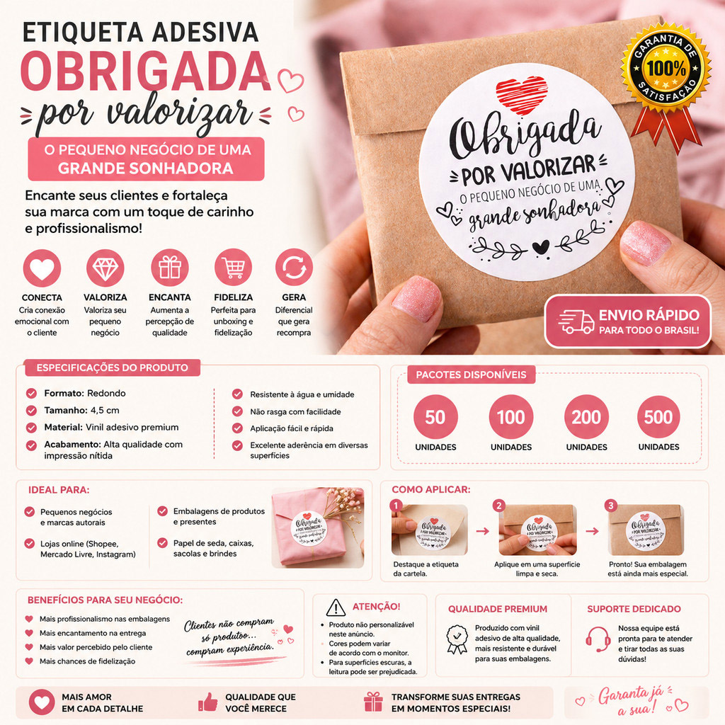 Etiqueta Adesiva “Obrigada por Valorizar” 4,5cm | Vinil Premium | 50 a 500 Unidades