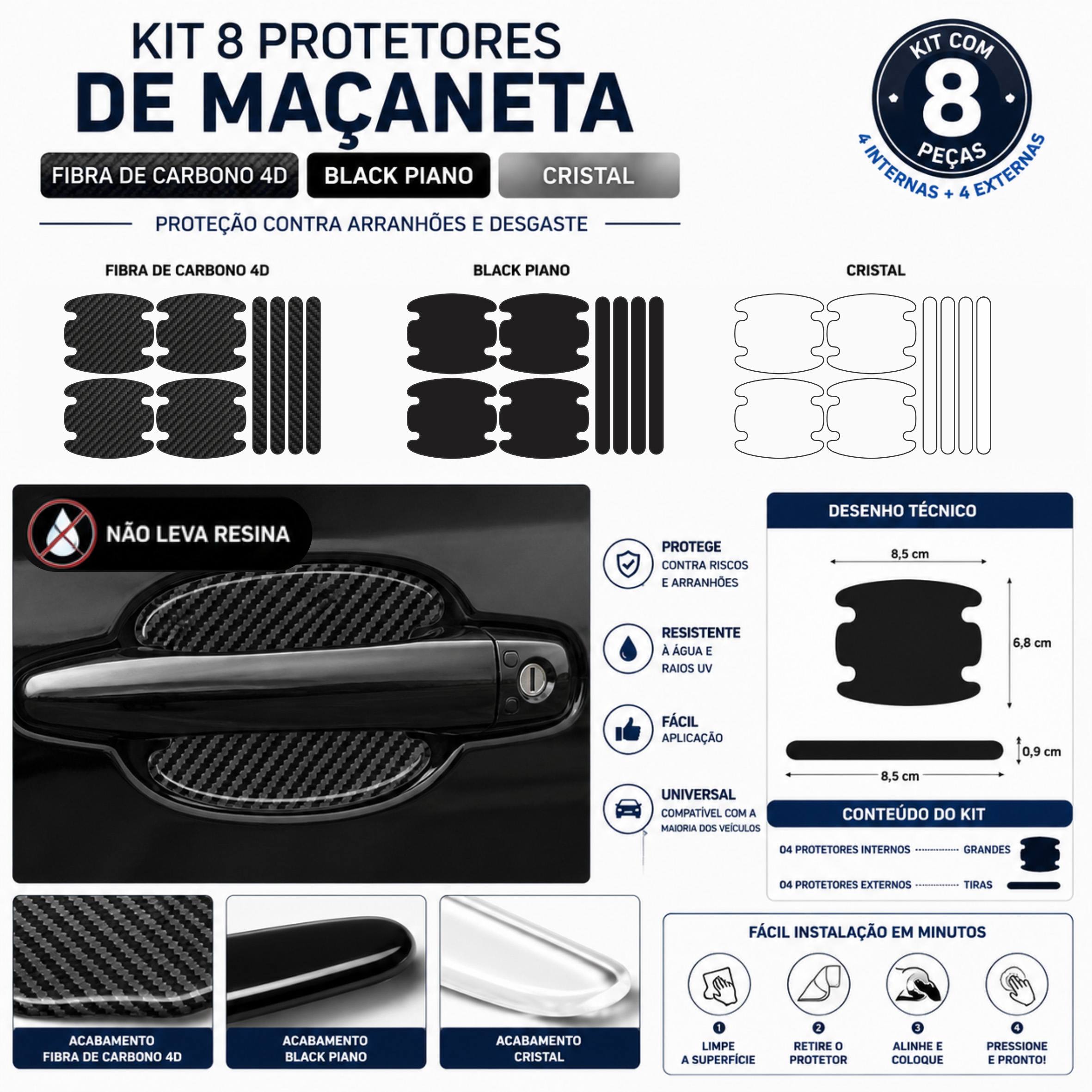 Kit 8 Adesivos Protetores para Maçaneta Automotiva – Fibra de Carbono 4D, Black Piano ou Cristal