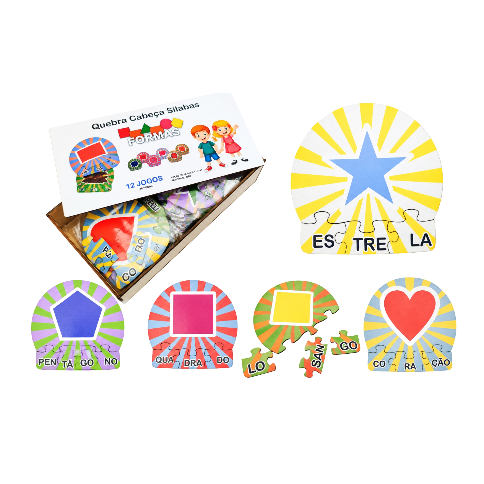 12 Kits Quebra Cabeça Educativo Sílabas Formas MDF