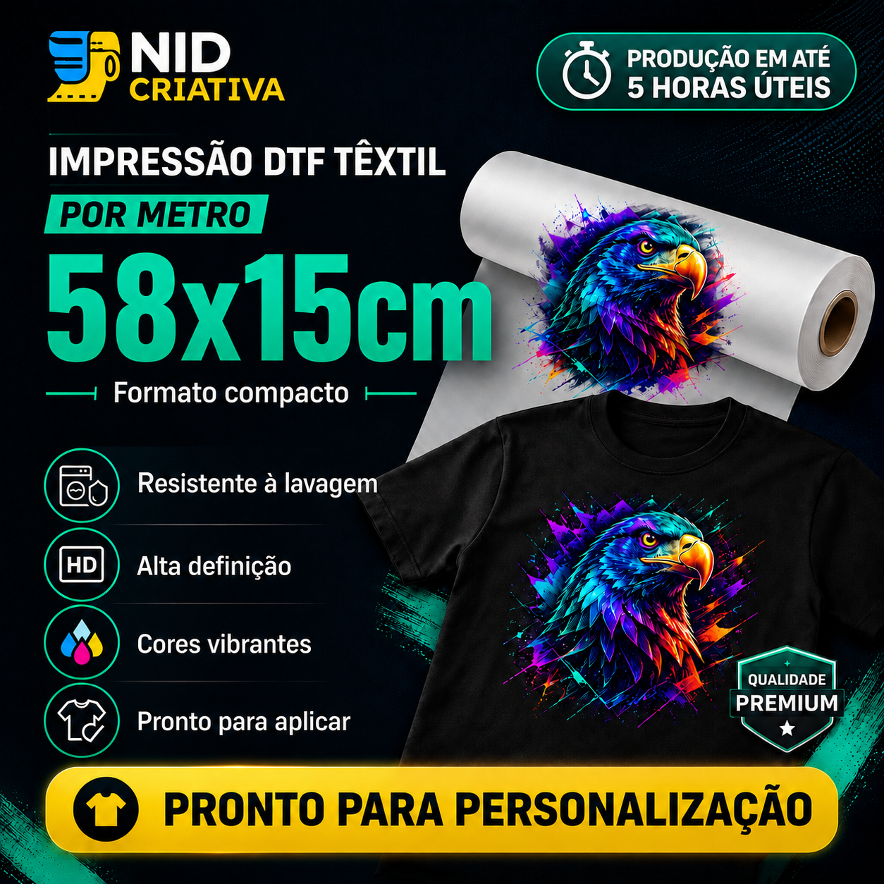 Impressão DTF têxtil 58x15cm sob demanda, pronta para aplicação!