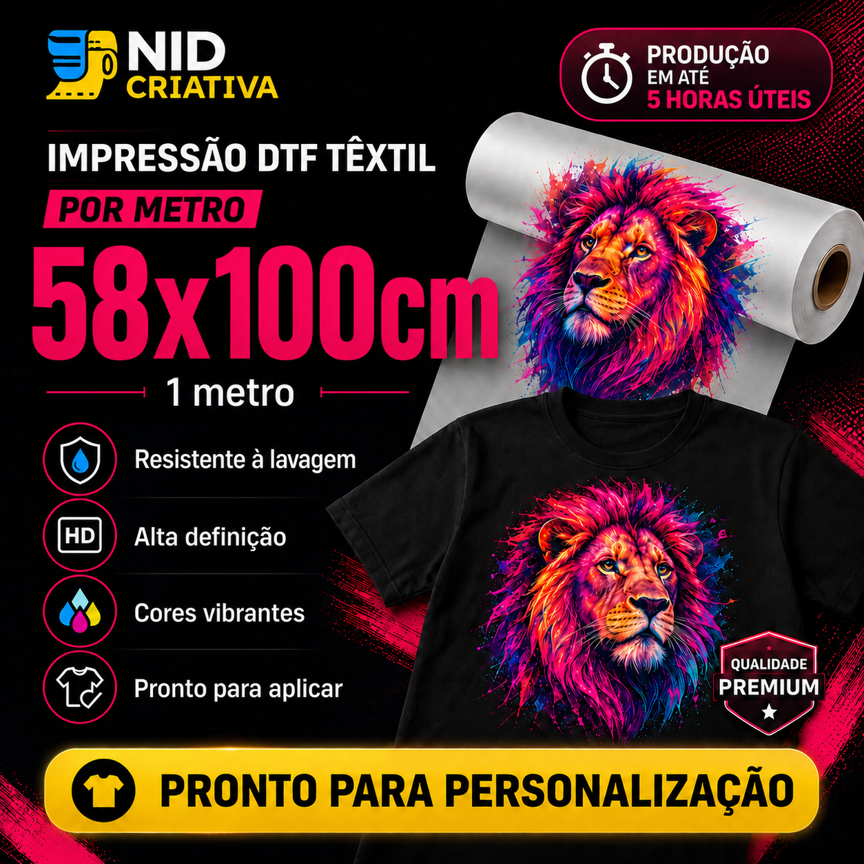 Impressão DTF Têxtil – 1 Metro (58x100cm) Pronto para Personalização