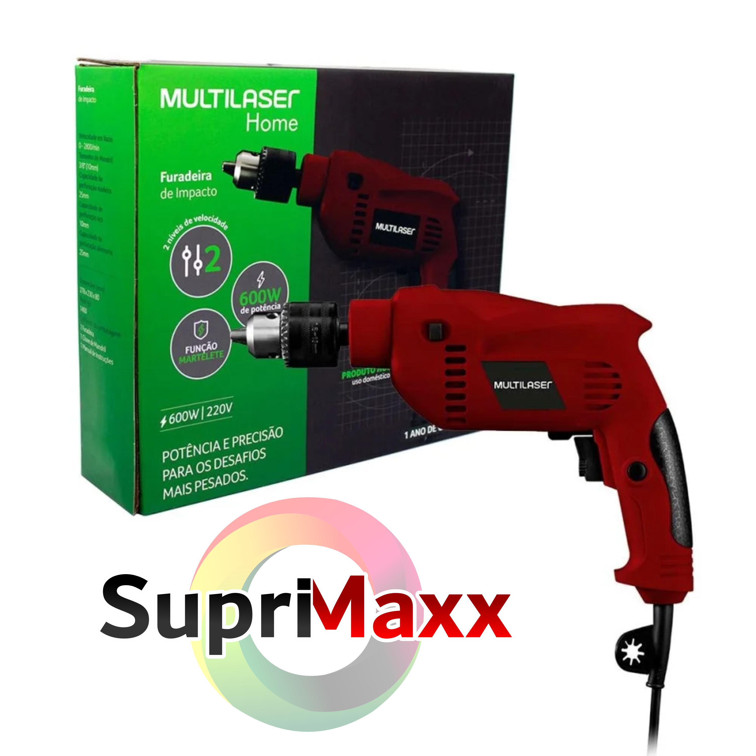 Furadeira de Impacto Multilaser, Voltagem , 600W, Mandrill 3/8\\\\\\\" Pol. (10mm), Vermelho - HO034