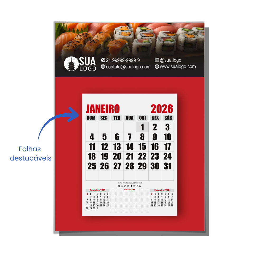 Calendário de Parede com Folhas Destacáveis 2026