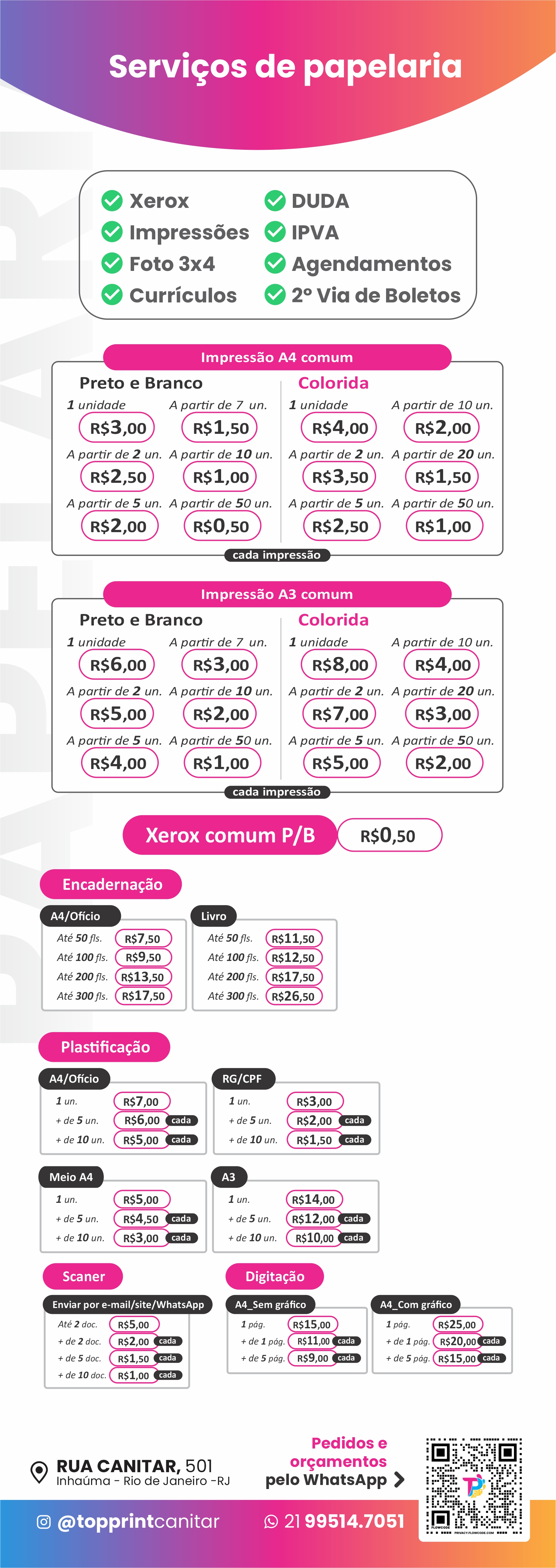 Tabela de preços-serviços de papelaria