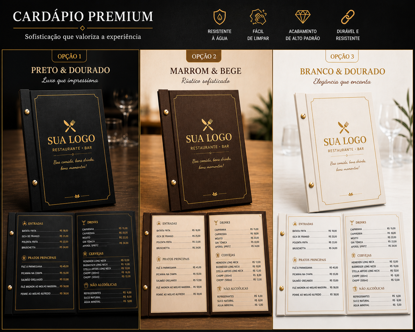 Cardapio em papel cartonado, revestido com papel impermeavel, com parafusos metalicos na lateral + 6 folhas internas