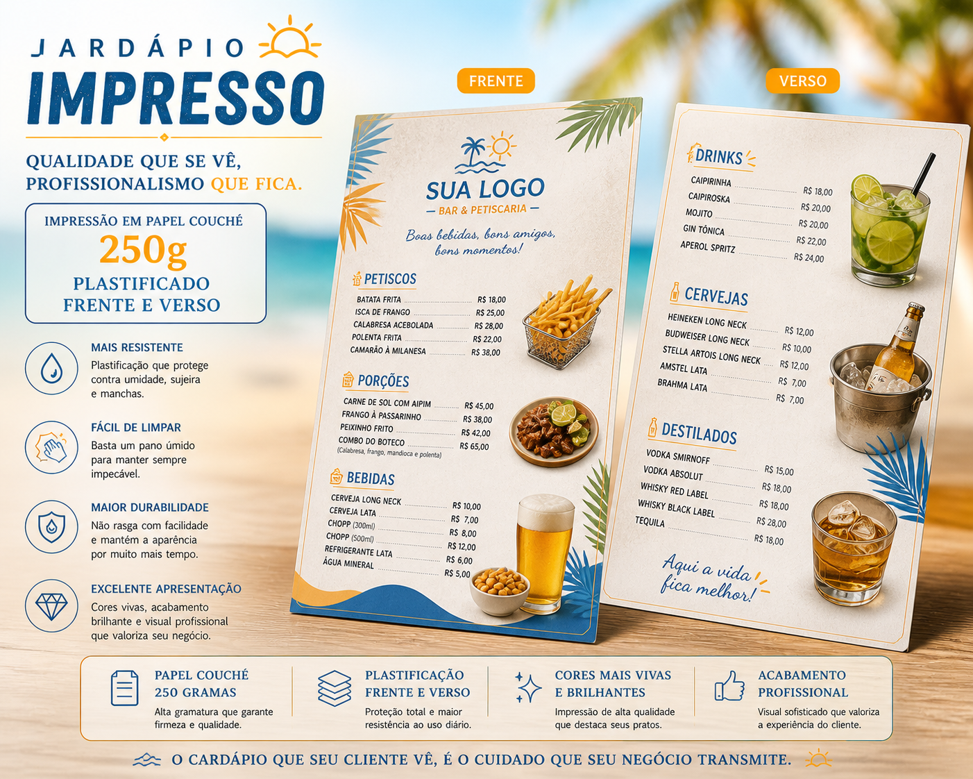 Cardapio em papel, plastificado e impresso frente e verso - 05 unidades