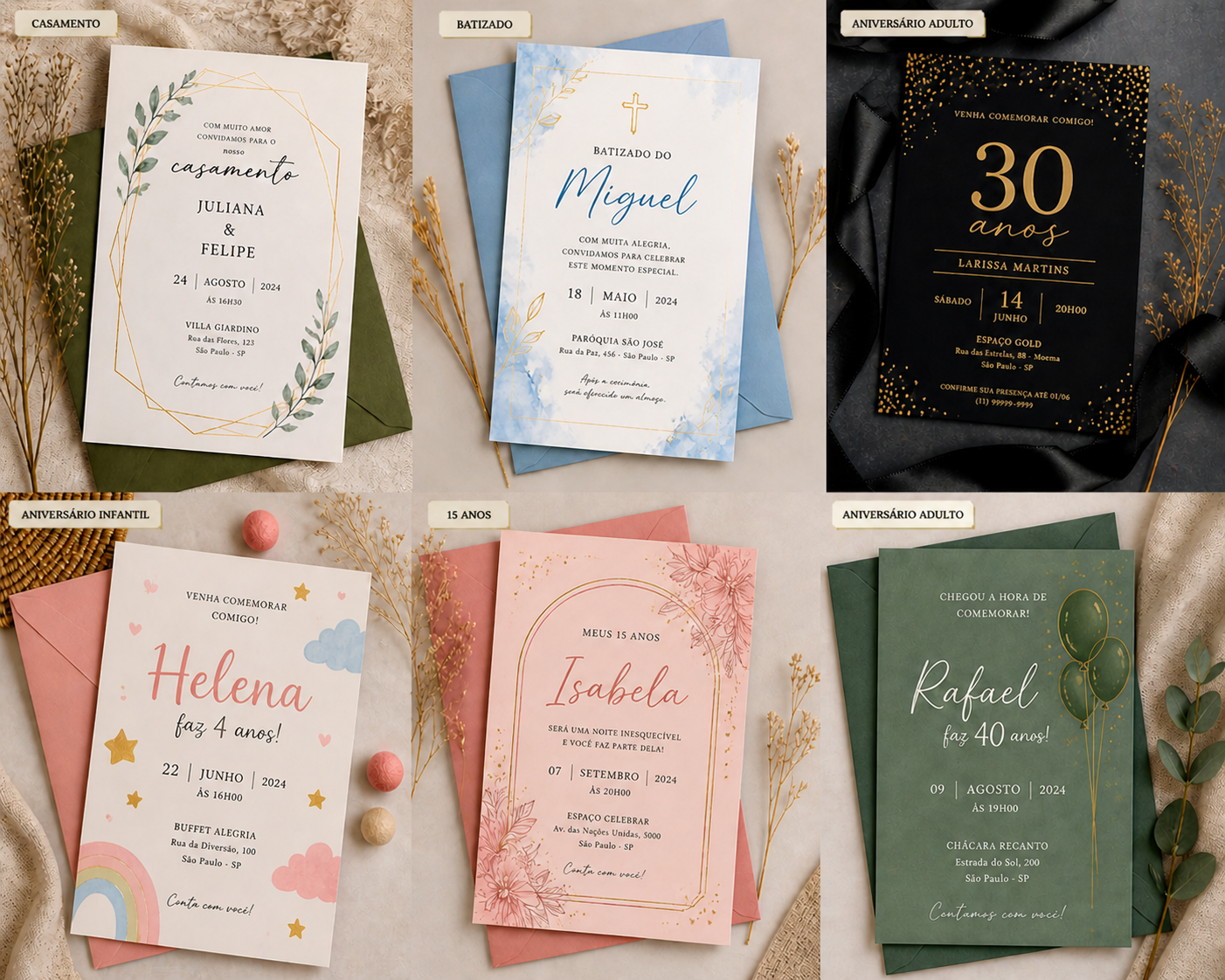 Convite com envelope: Casamento, Batizado, Aniverário, etc - 50 unidades